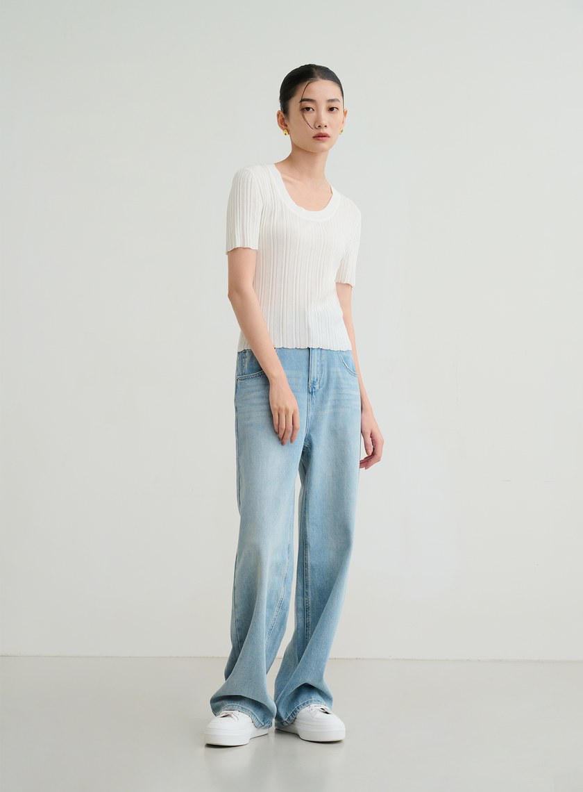 U領坑條針織短袖上衣