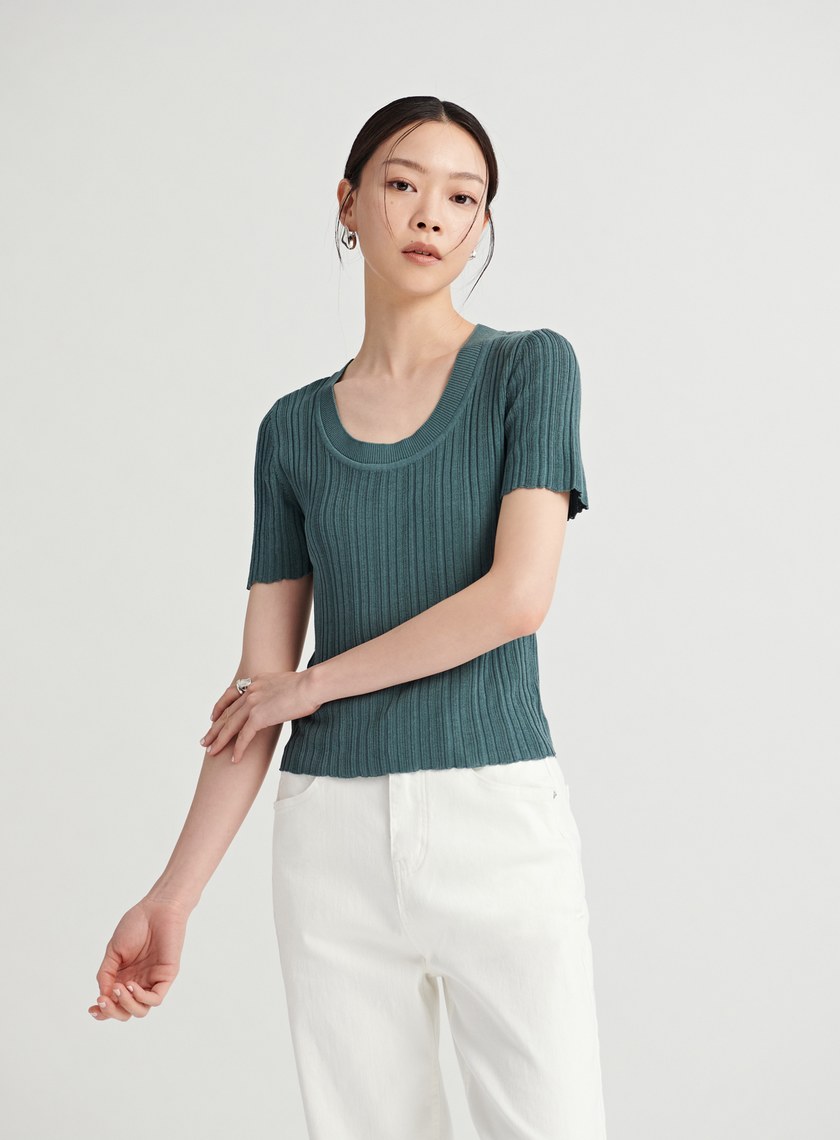 U領坑條針織短袖上衣