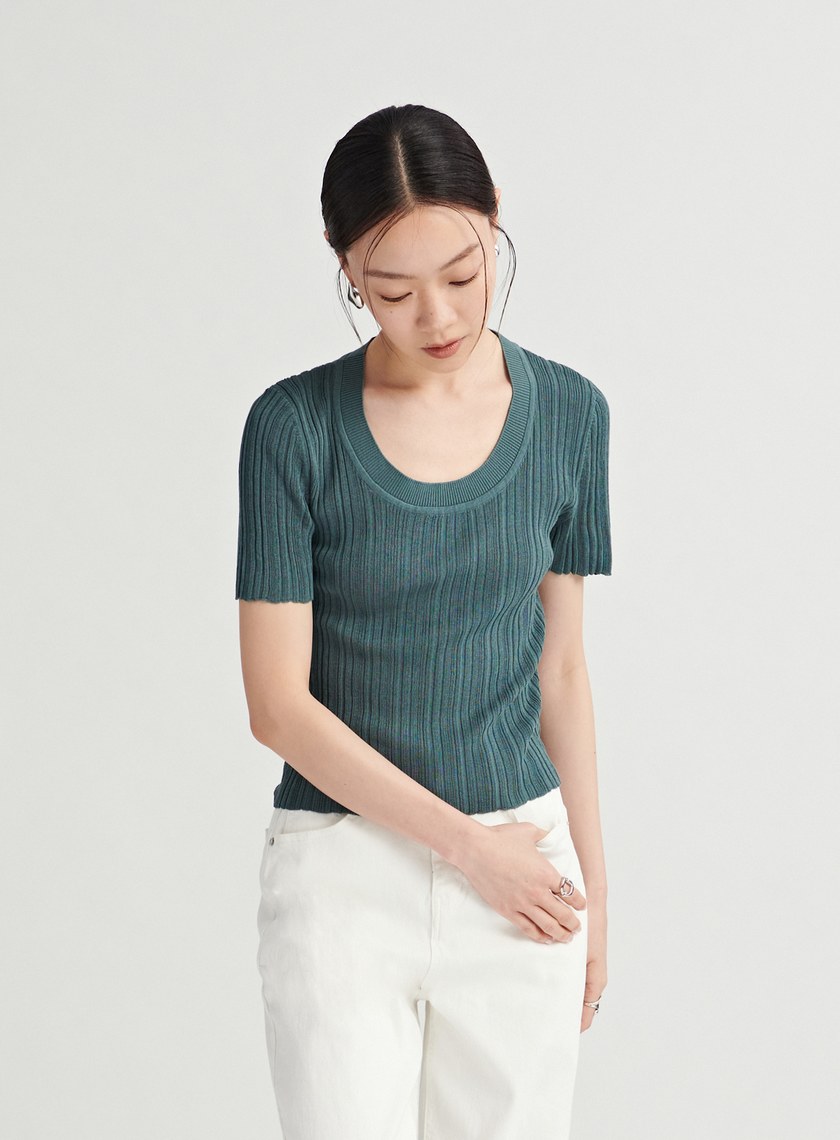U領坑條針織短袖上衣