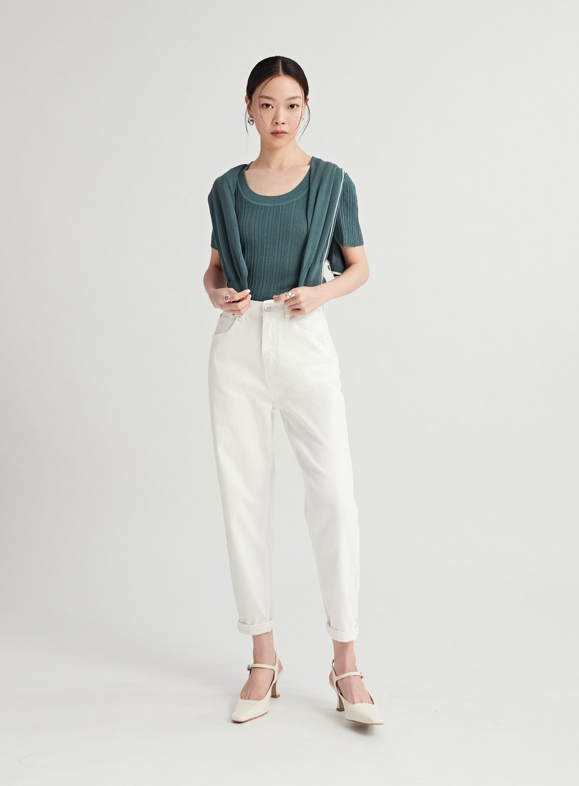 U領坑條針織短袖上衣