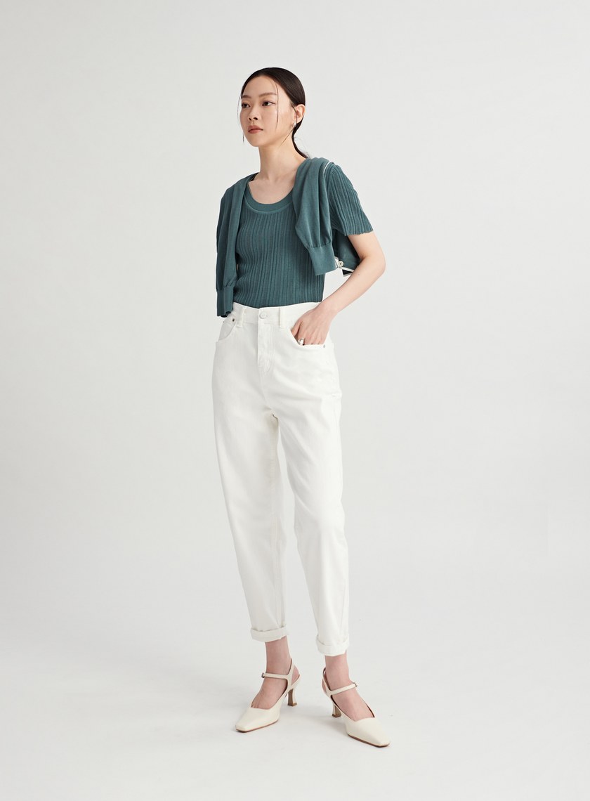 U領坑條針織短袖上衣