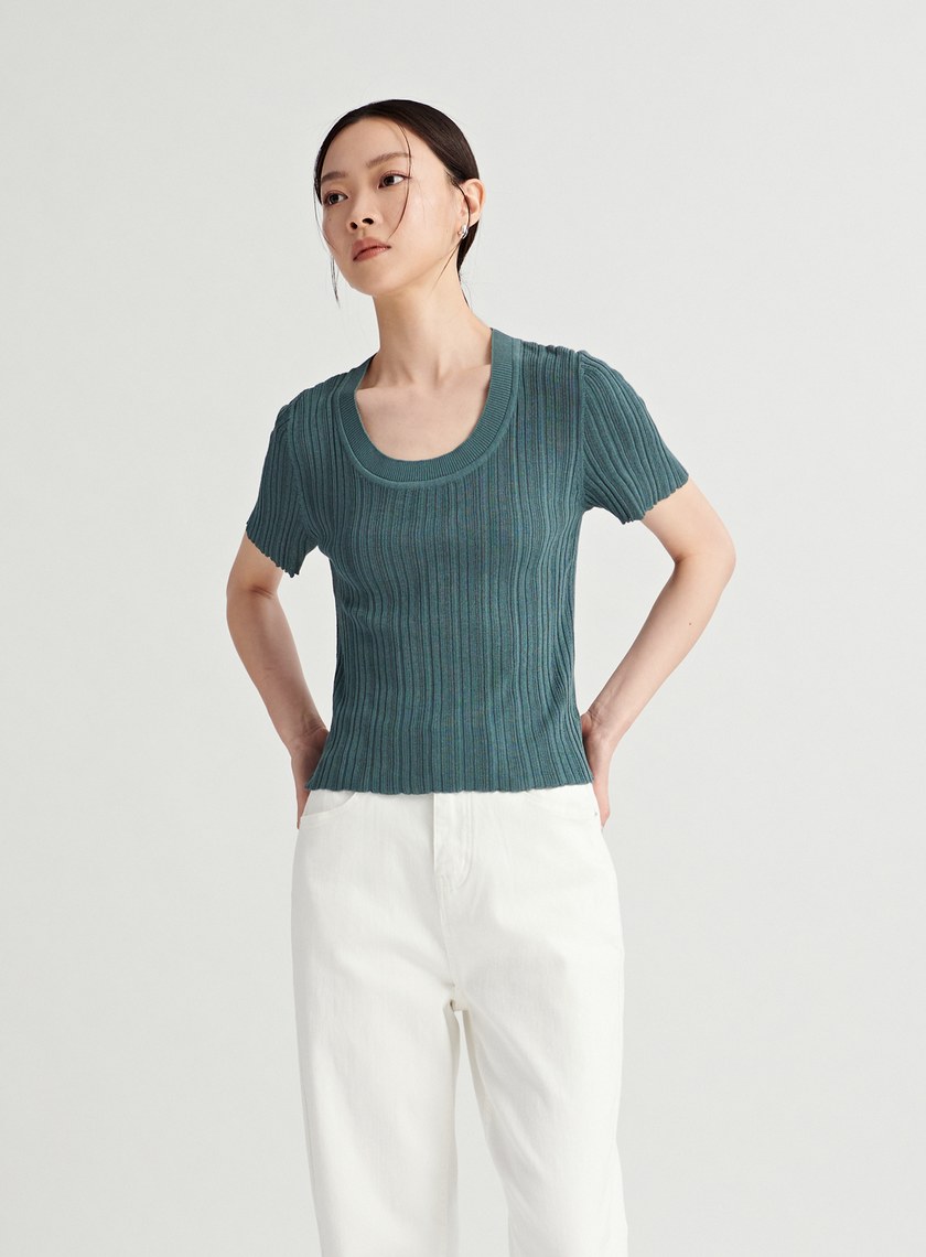 U領坑條針織短袖上衣