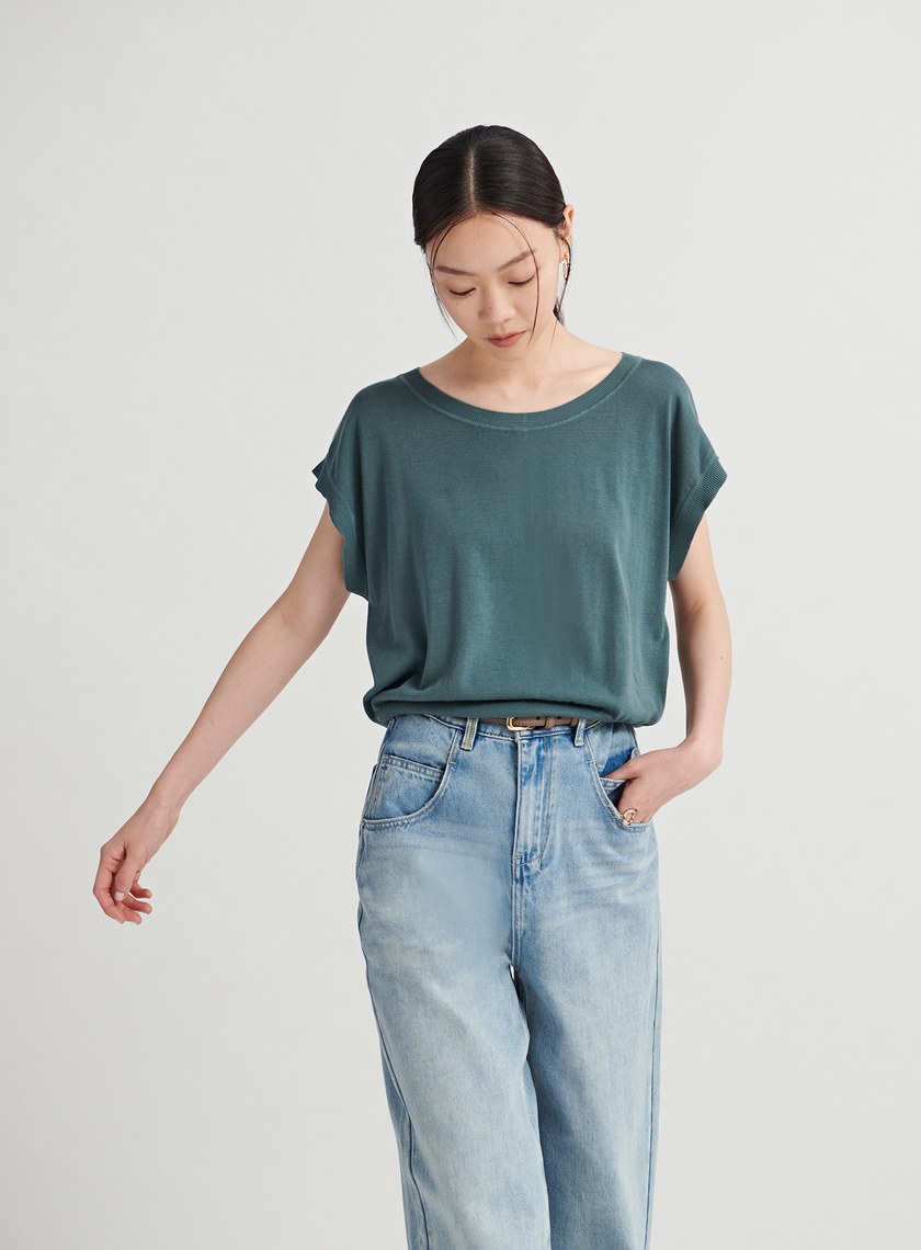 撞色細節落肩針織上衣