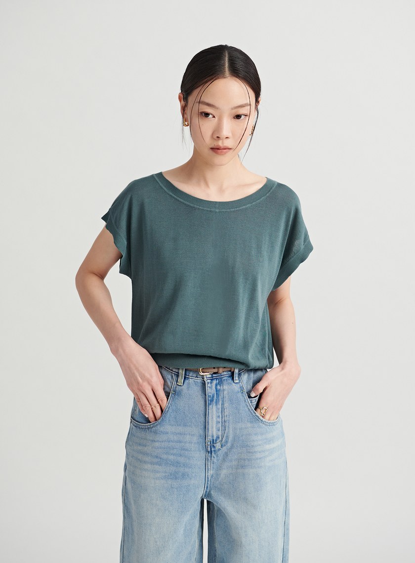 撞色細節落肩針織上衣