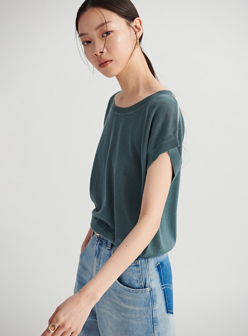 撞色細節落肩針織上衣