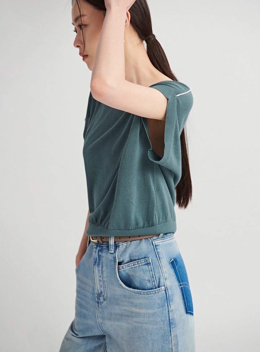 撞色細節落肩針織上衣