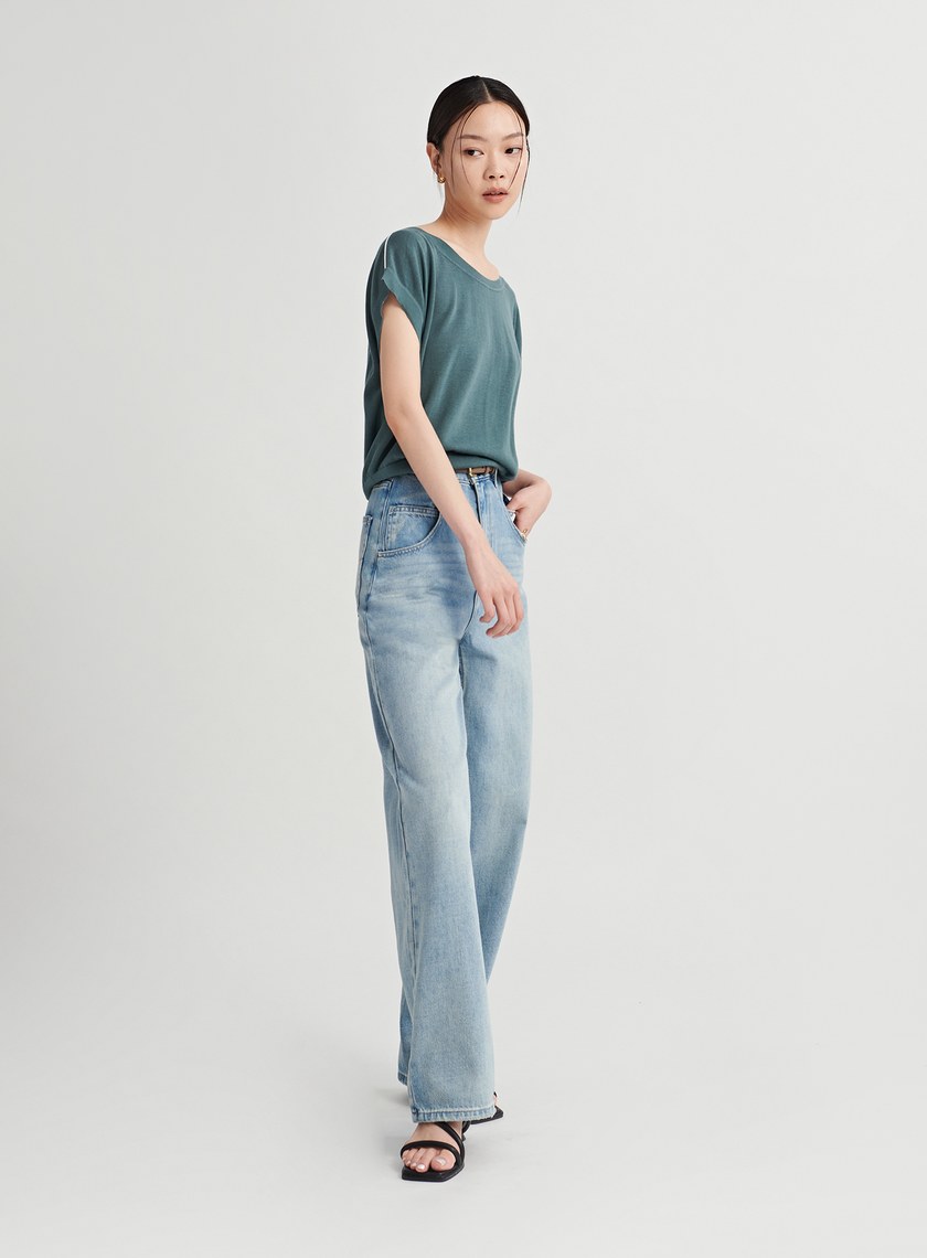 撞色細節落肩針織上衣