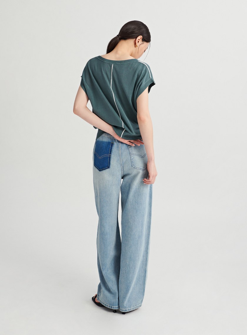 撞色細節落肩針織上衣