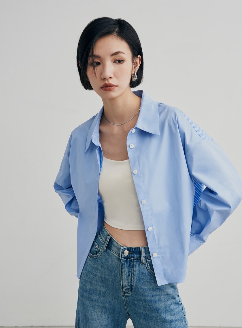 率性條紋拼接廓型襯衫