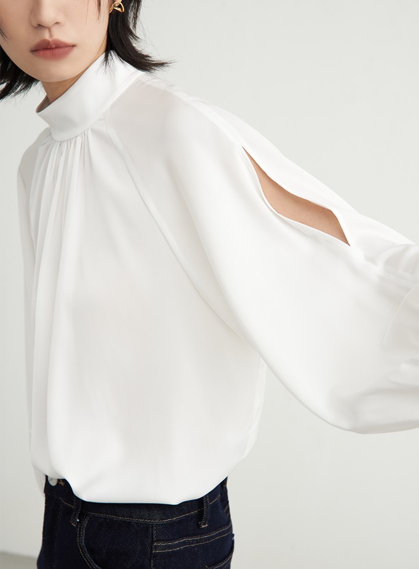優雅半高領抽皺泡袖襯衫
