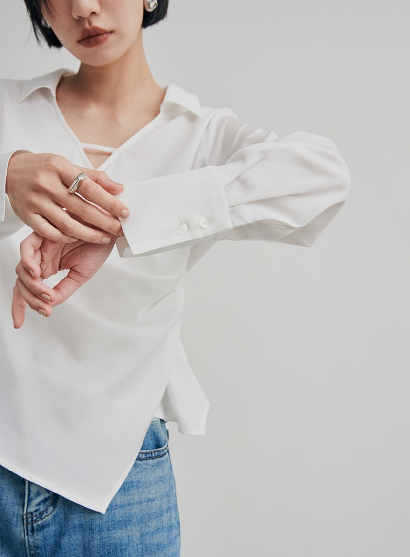 微光澤圍裹式長袖襯衫