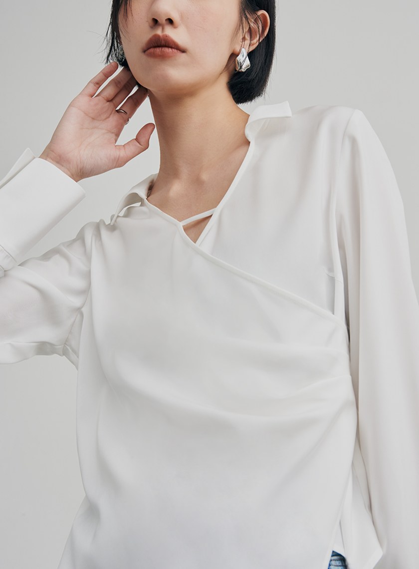 微光澤圍裹式長袖襯衫