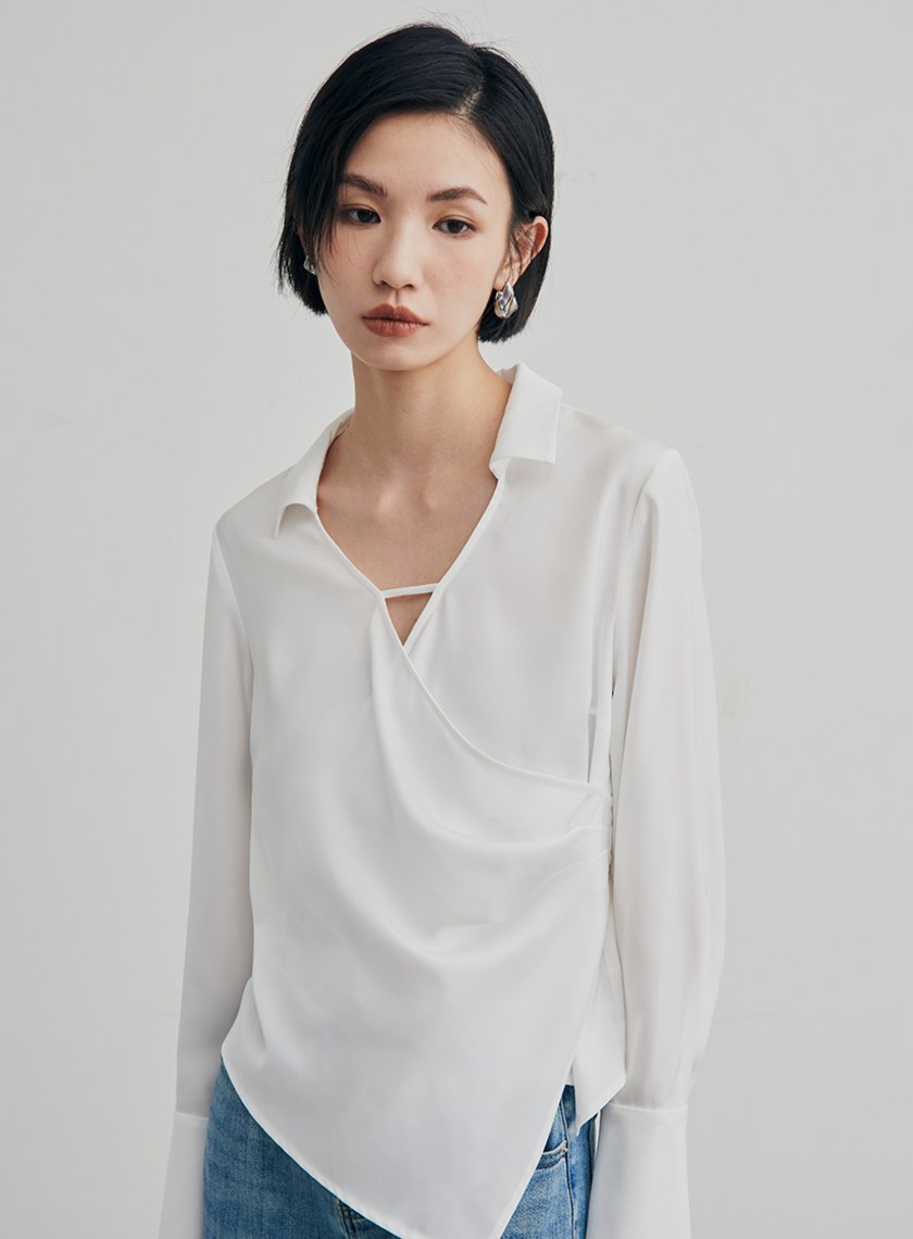 微光澤圍裹式長袖襯衫
