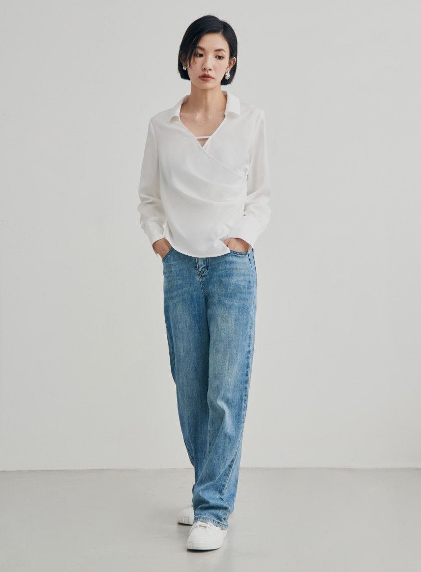 微光澤圍裹式長袖襯衫