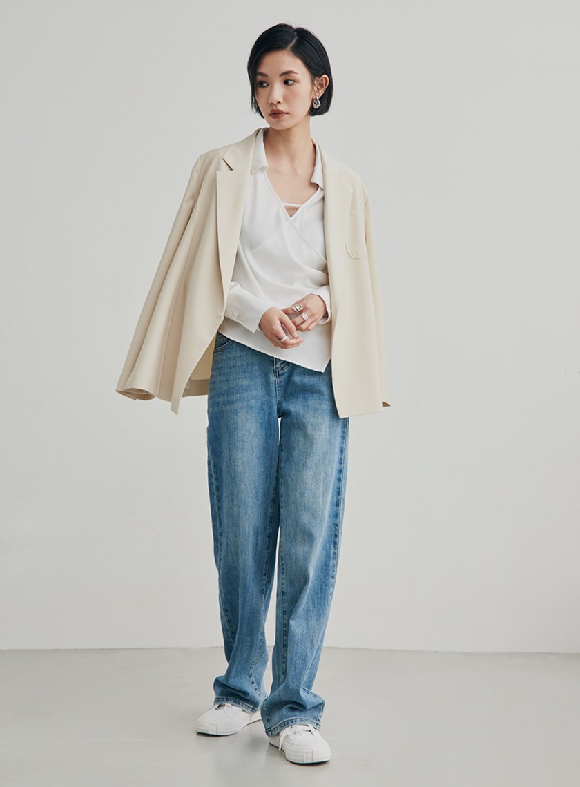 微光澤圍裹式長袖襯衫