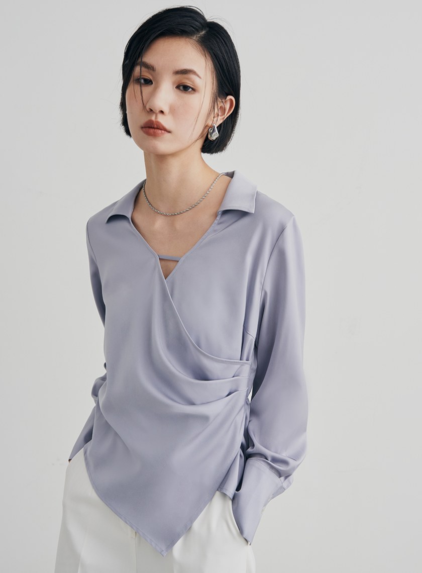 微光澤圍裹式長袖襯衫