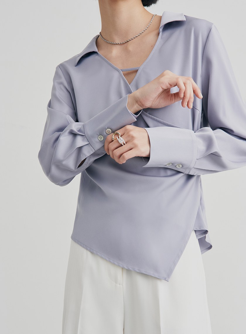 微光澤圍裹式長袖襯衫