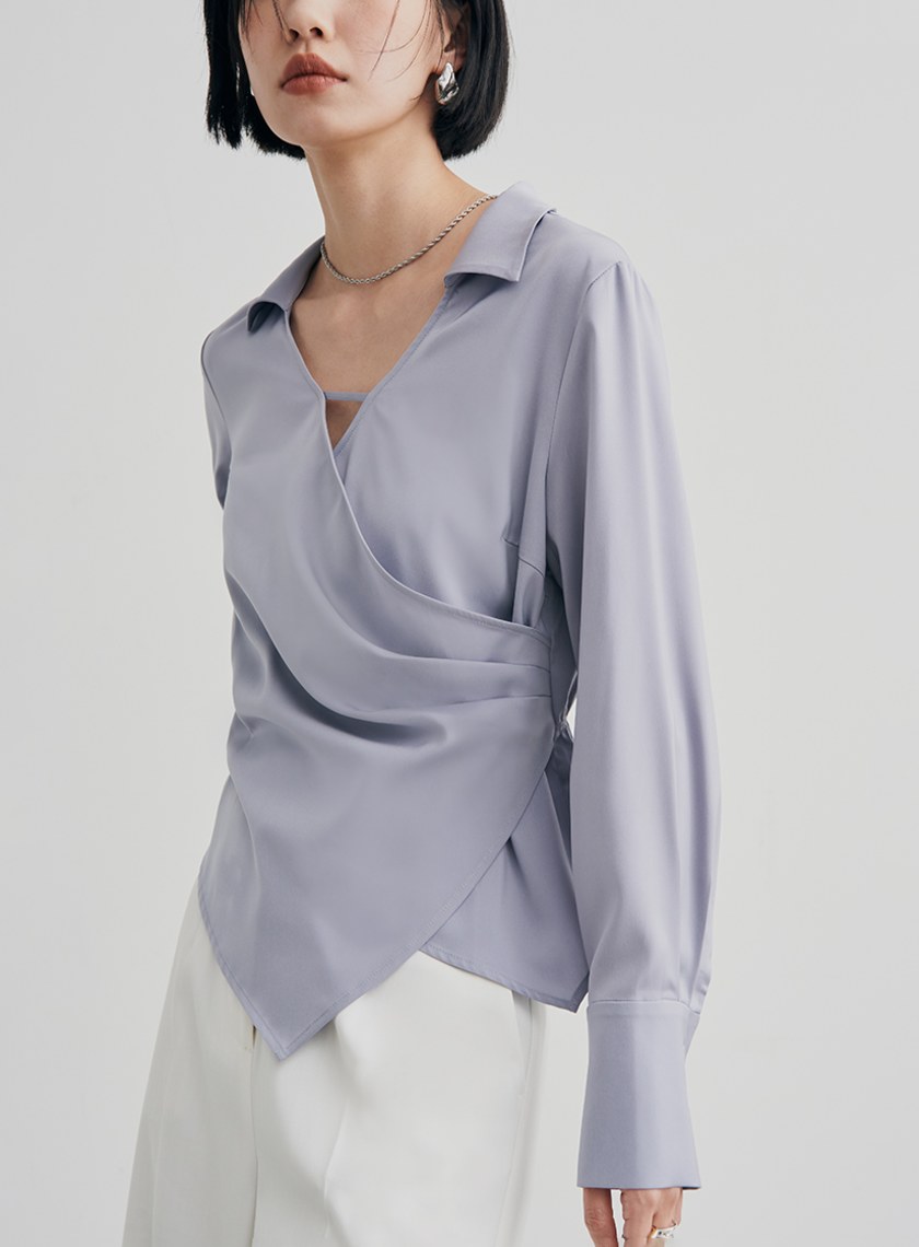 微光澤圍裹式長袖襯衫