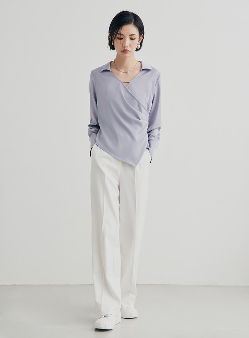 微光澤圍裹式長袖襯衫