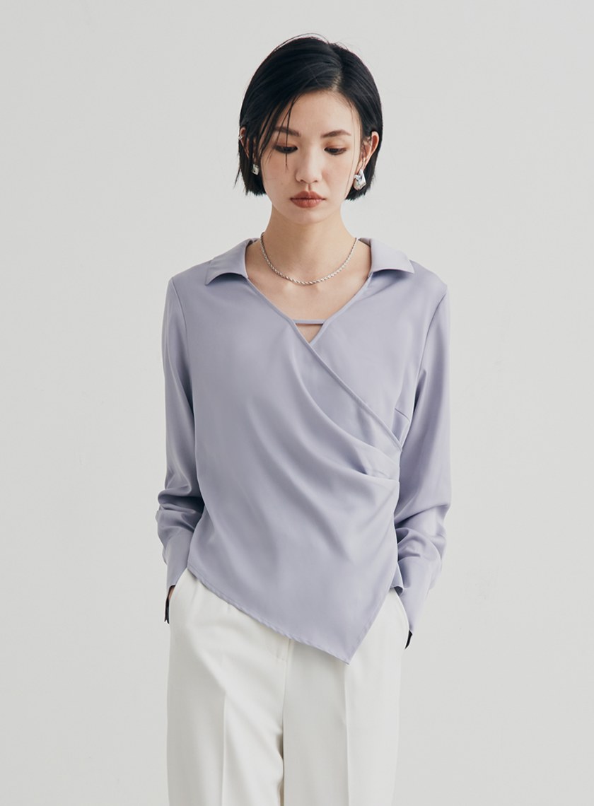 微光澤圍裹式長袖襯衫
