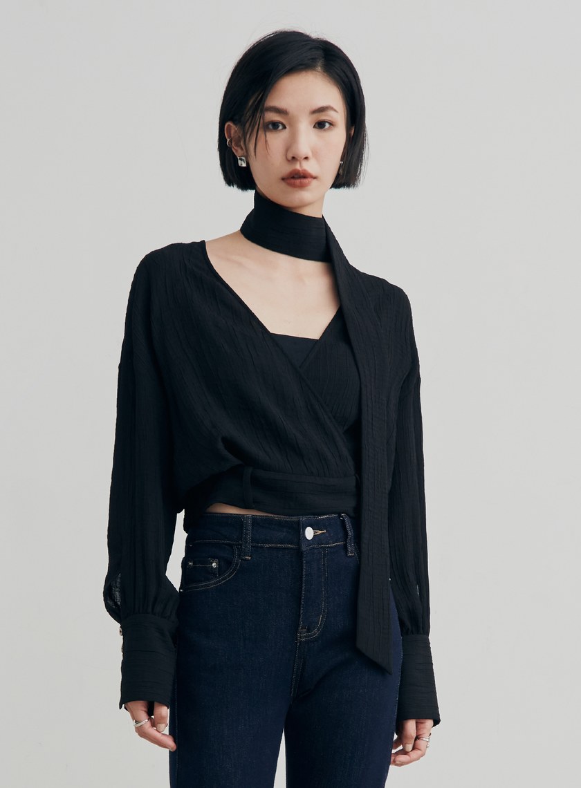 優雅肌理綁帶交叉罩衫