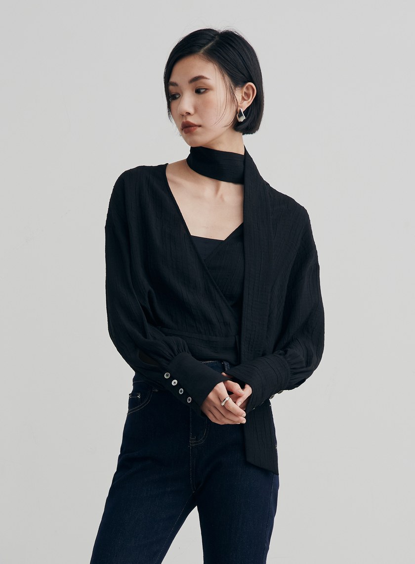 優雅肌理綁帶交叉罩衫