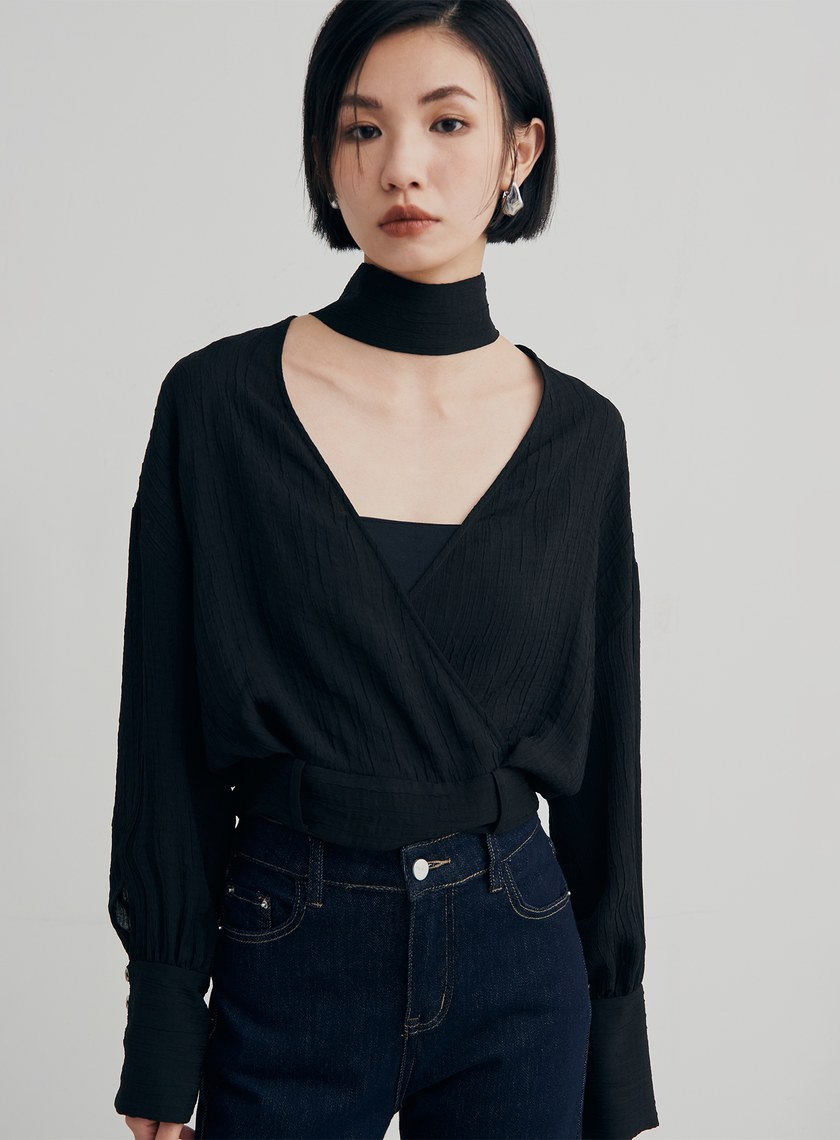 優雅肌理綁帶交叉罩衫
