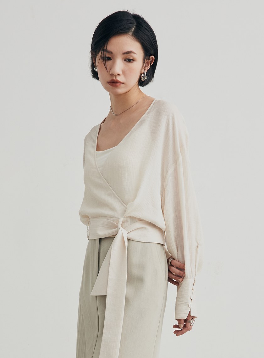 優雅肌理綁帶交叉罩衫