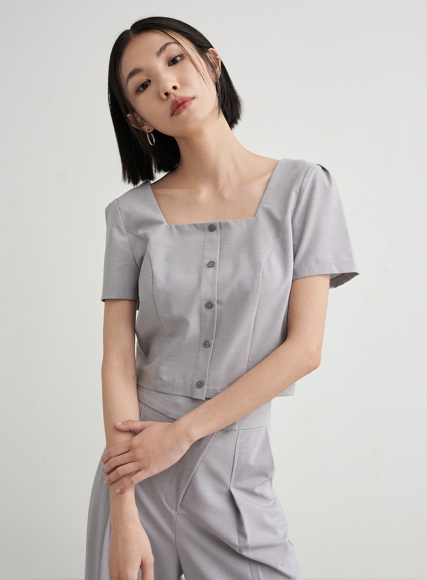 短版方領休閒短袖上衣