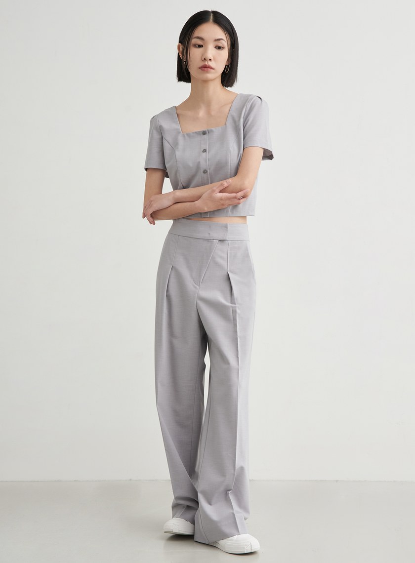 短版方領休閒短袖上衣