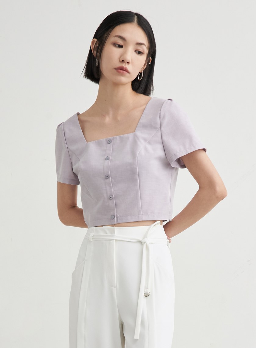 短版方領休閒短袖上衣