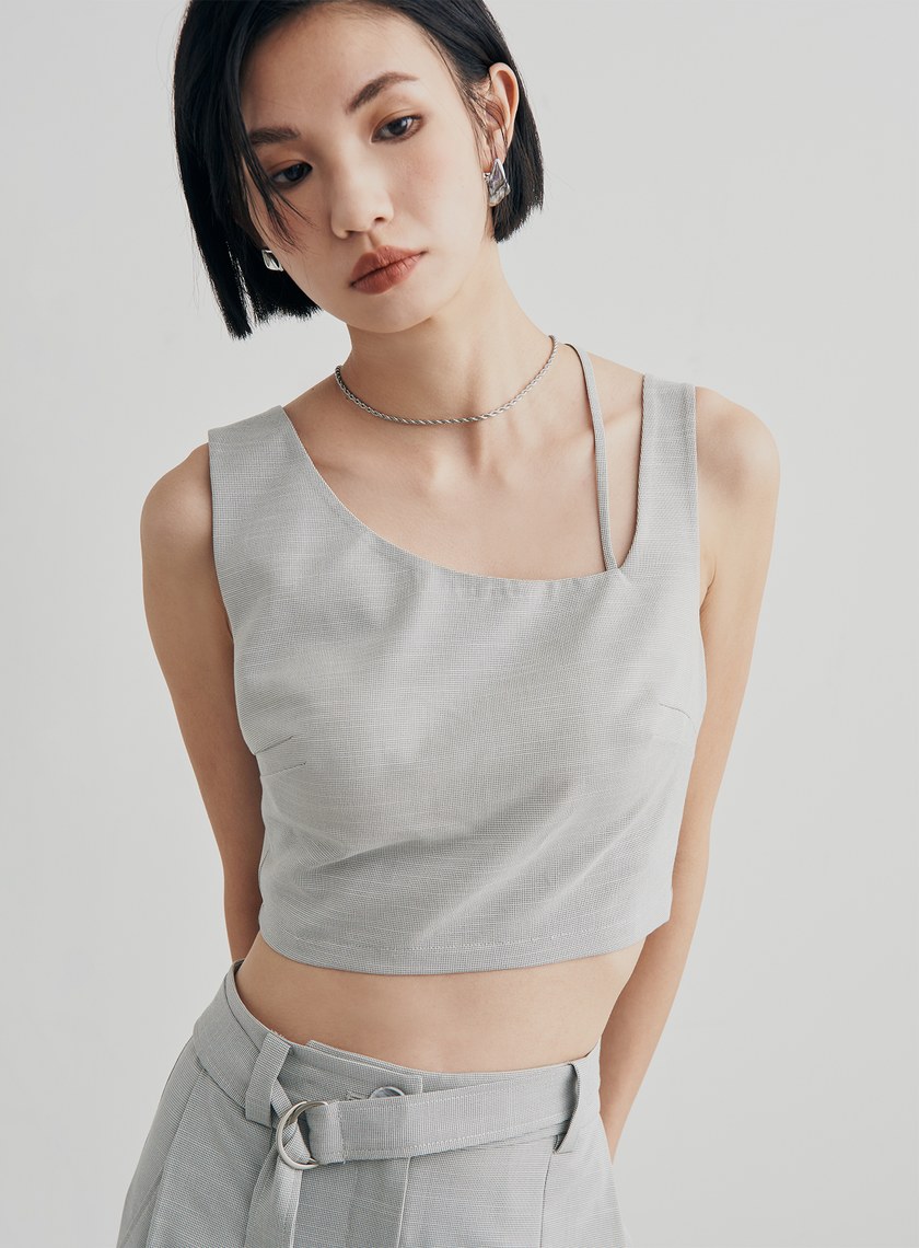 細格紋不對稱肩帶 BRA 背心上衣