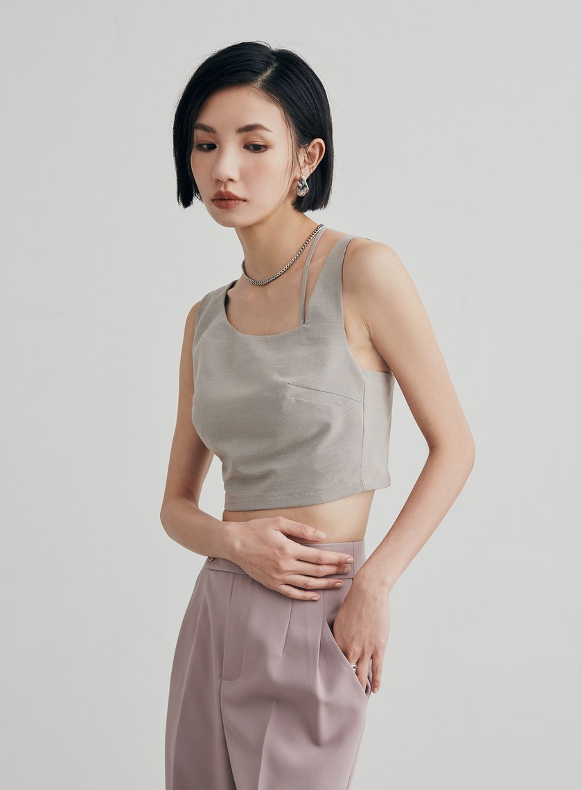 細格紋不對稱肩帶 BRA 背心上衣