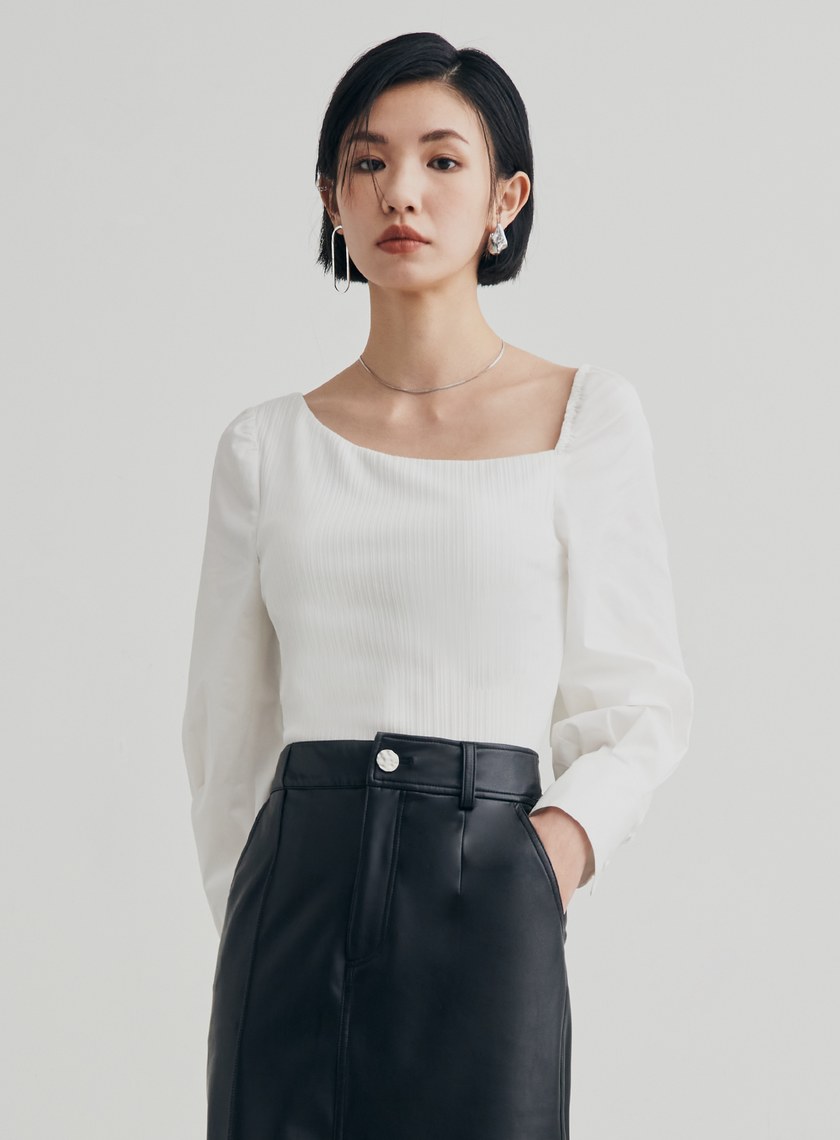 不對稱領坑條襯衫上衣