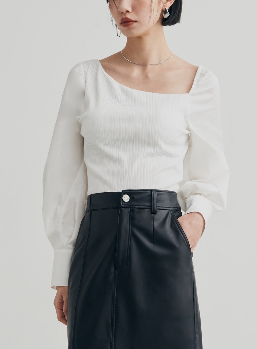 不對稱領坑條襯衫上衣