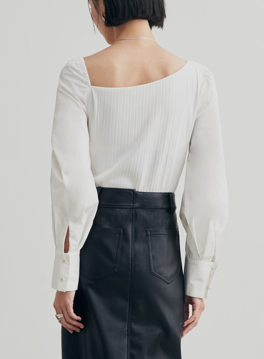 不對稱領坑條襯衫上衣