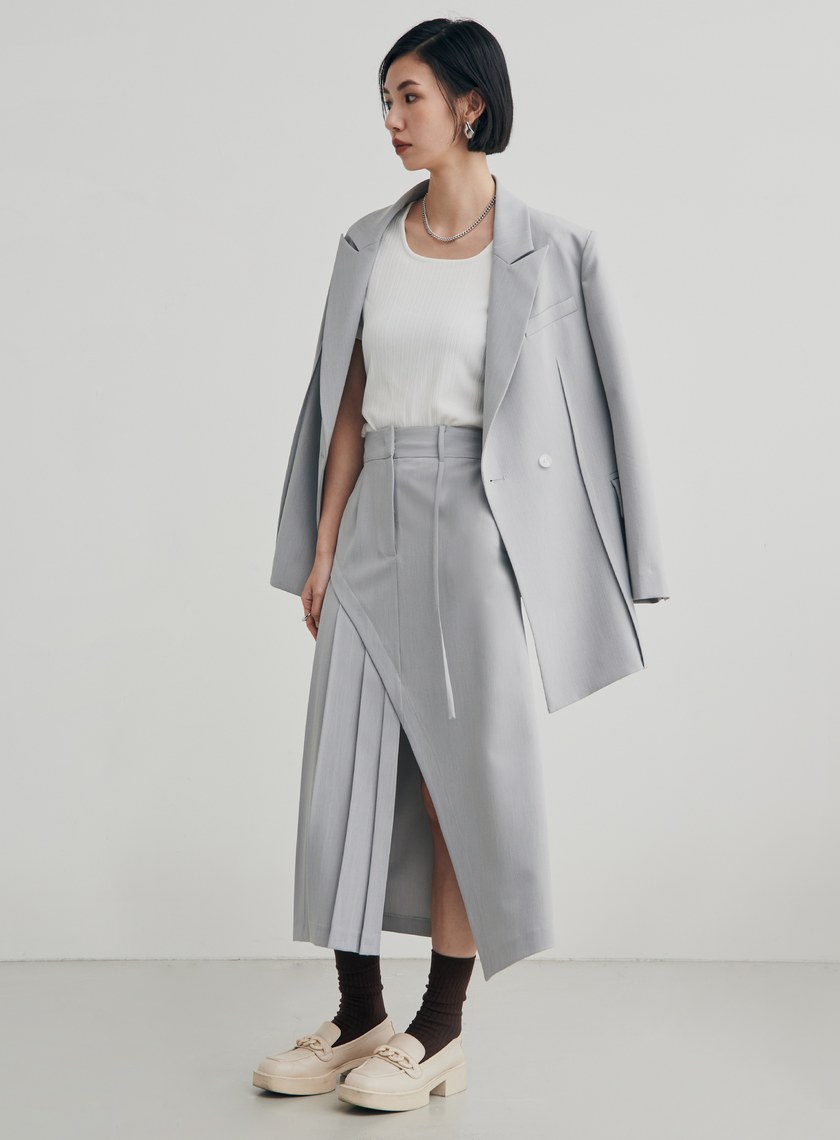 不對稱西裝式開岔長裙