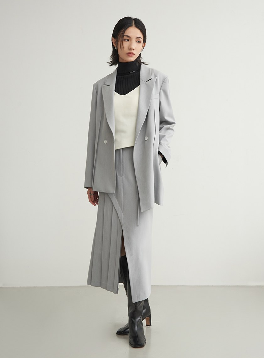 不對稱西裝式開岔長裙
