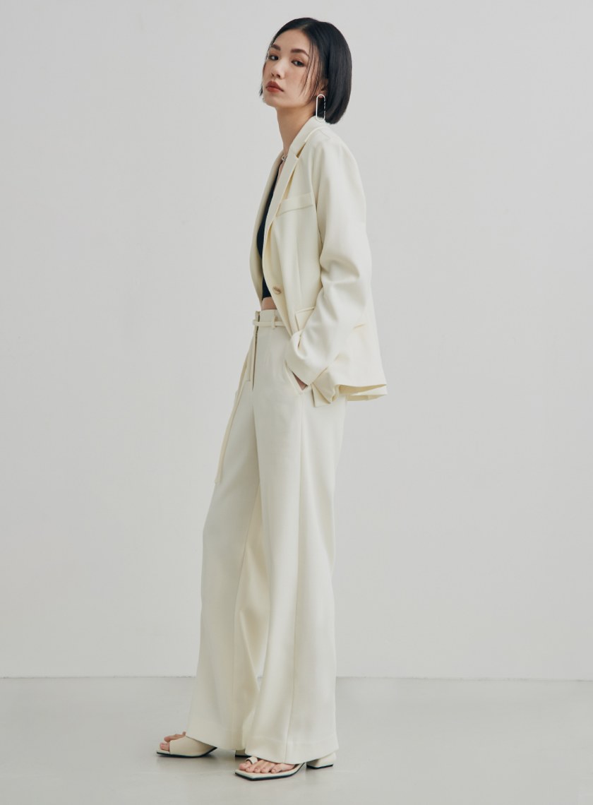 低調織紋細綁帶寬褲