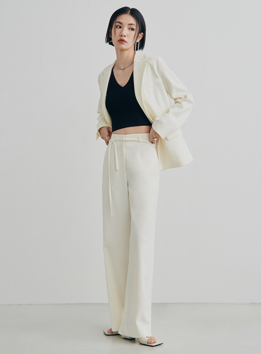 低調織紋細綁帶寬褲