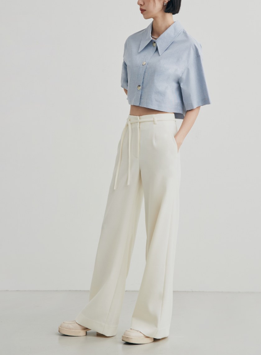 低調織紋細綁帶寬褲