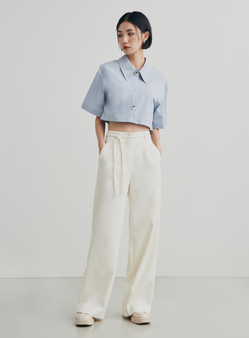 低調織紋細綁帶寬褲