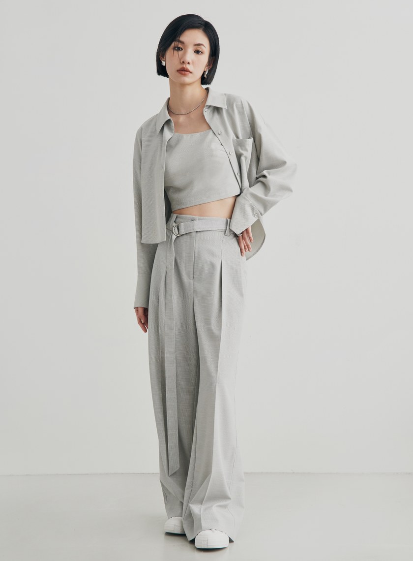 細格紋打摺腰帶寬褲