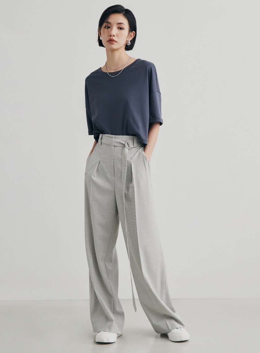 細格紋打摺腰帶寬褲