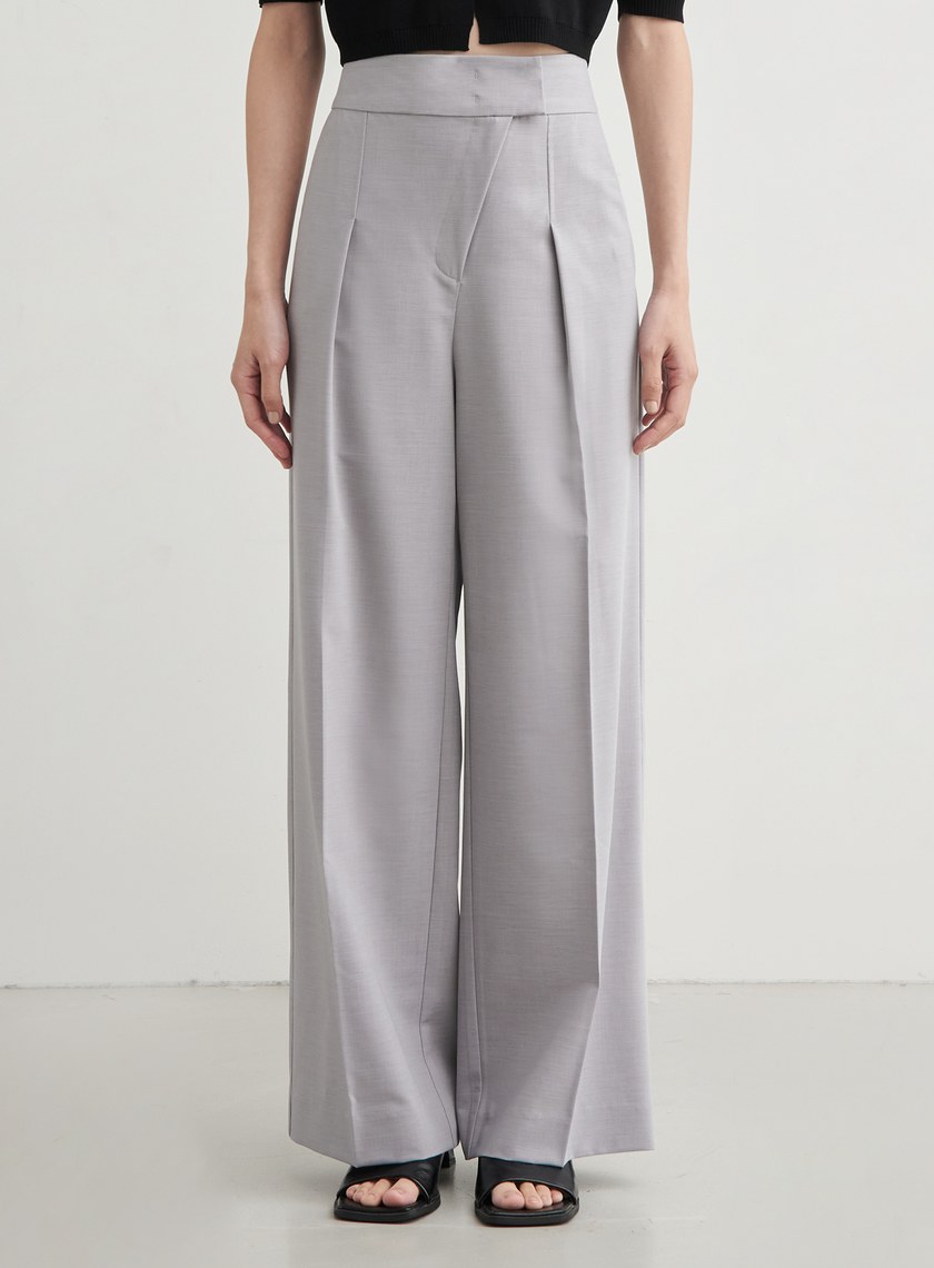 斜門襟打摺直筒寬褲