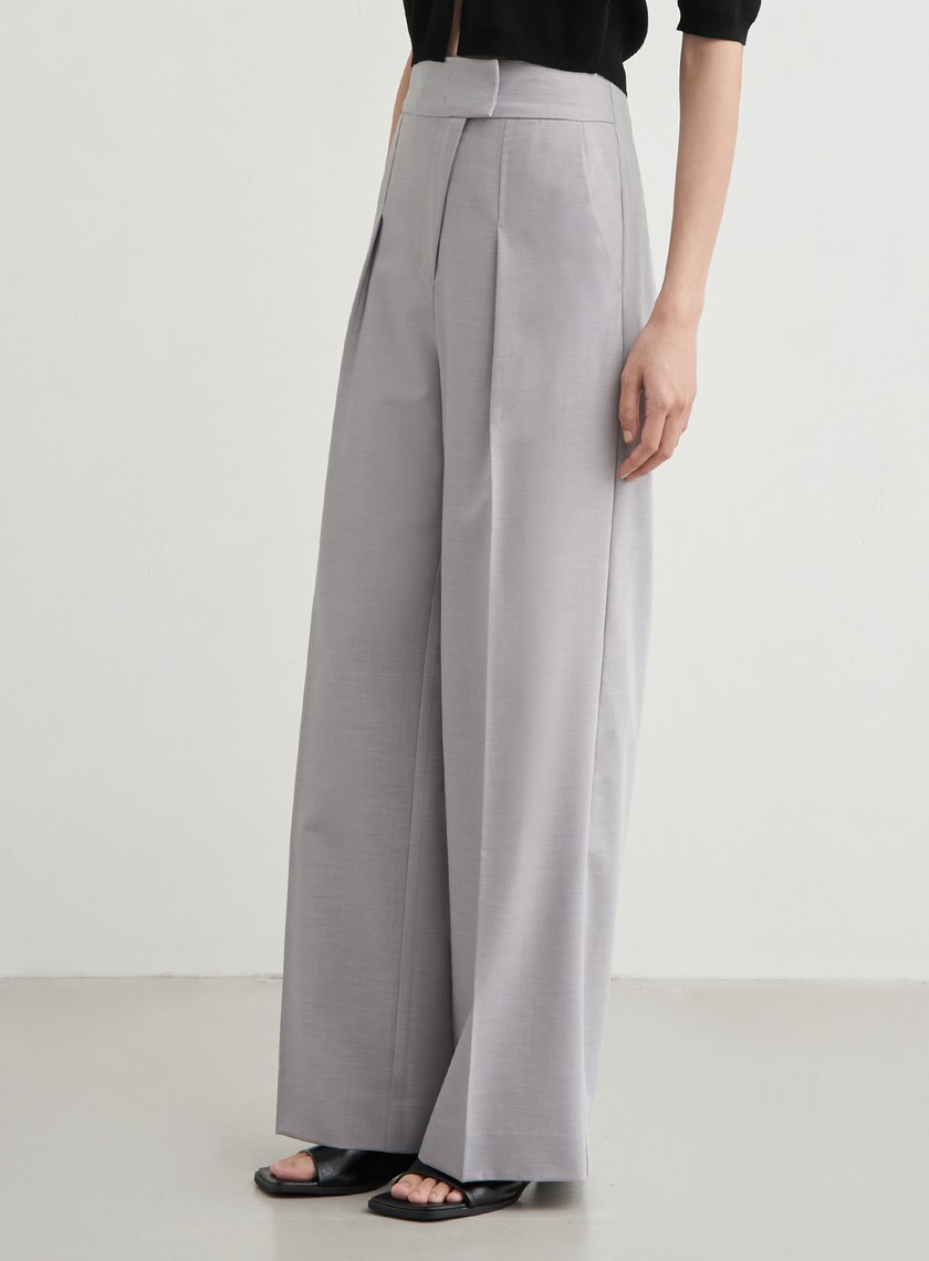 斜門襟打摺直筒寬褲