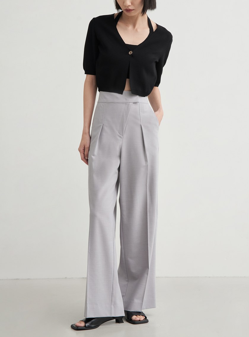 斜門襟打摺直筒寬褲