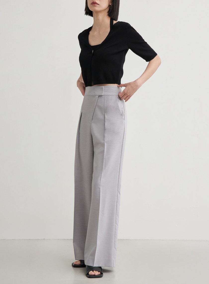 斜門襟打摺直筒寬褲