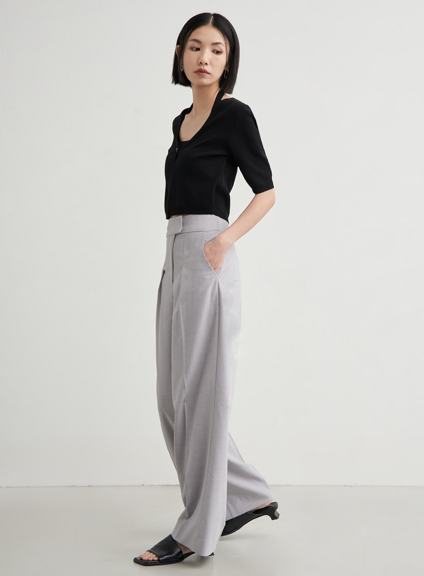 斜門襟打摺直筒寬褲