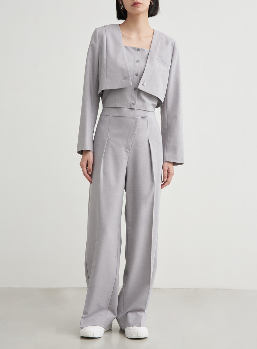 斜門襟打摺直筒寬褲